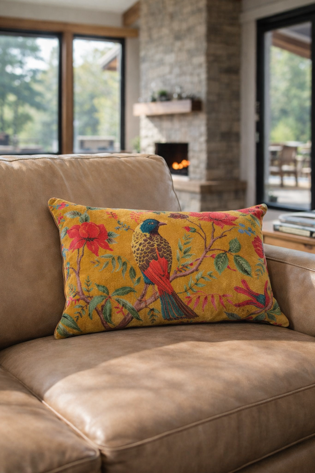 Elegant bird mustard cotton velvet cushion cover 30x50cms by Boho-Eclectica
