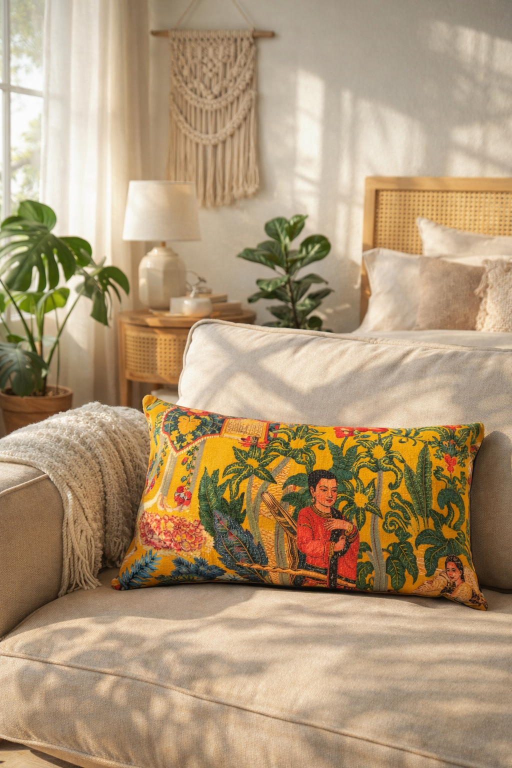 Decorative Tropical Frida mustard velvet lumbar cushion cover for living room