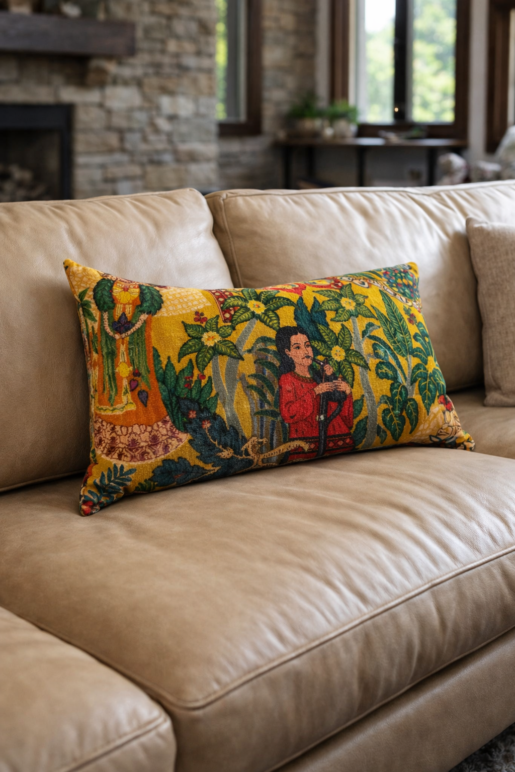 Stylish Tropical Frida cotton velvet lumbar cushion cover 30x50cm by Boho-Eclectica