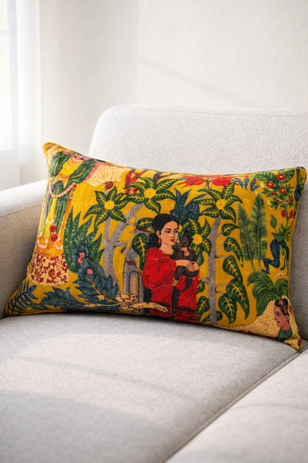 Tropical Frida mustard lumbar cushion cover in cotton velvet 30x50cm