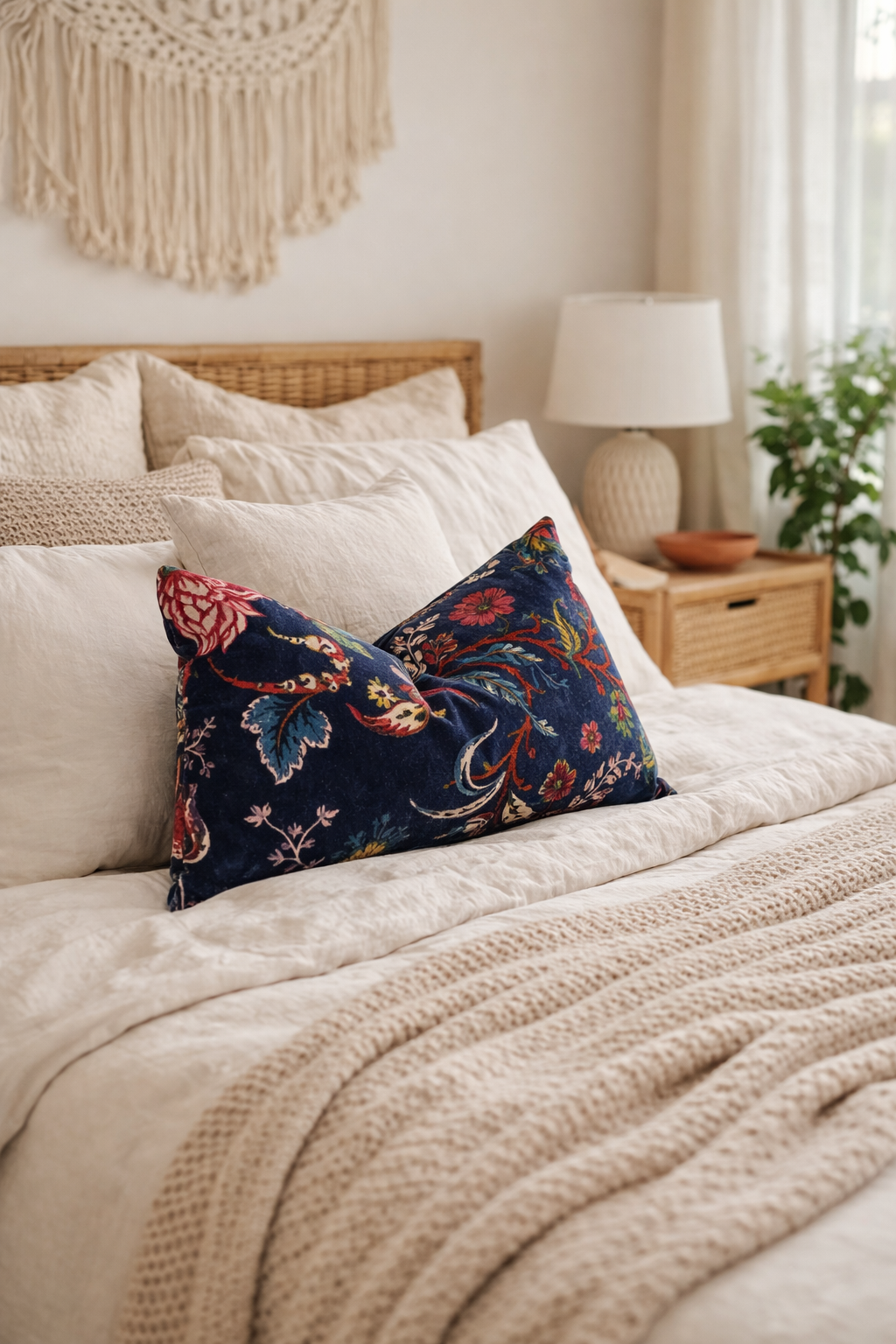 Elegant navy floral cotton velvet lumbar cushion cover for sofa décor