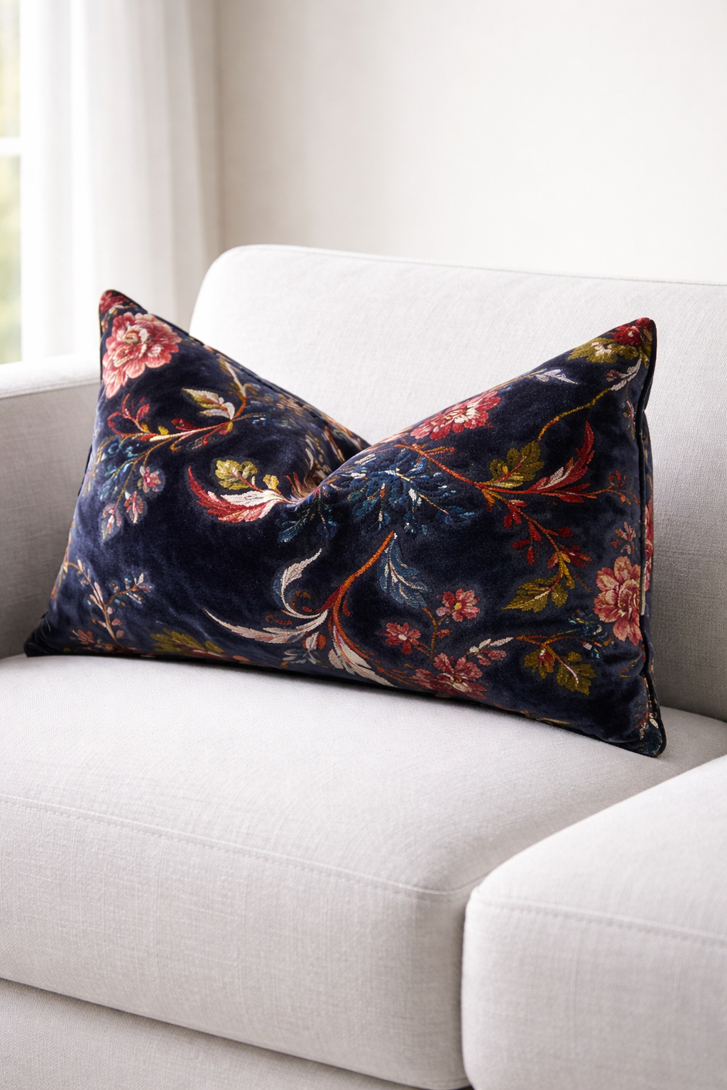 Navy floral lumbar cushion cover in cotton velvet 30x50cm