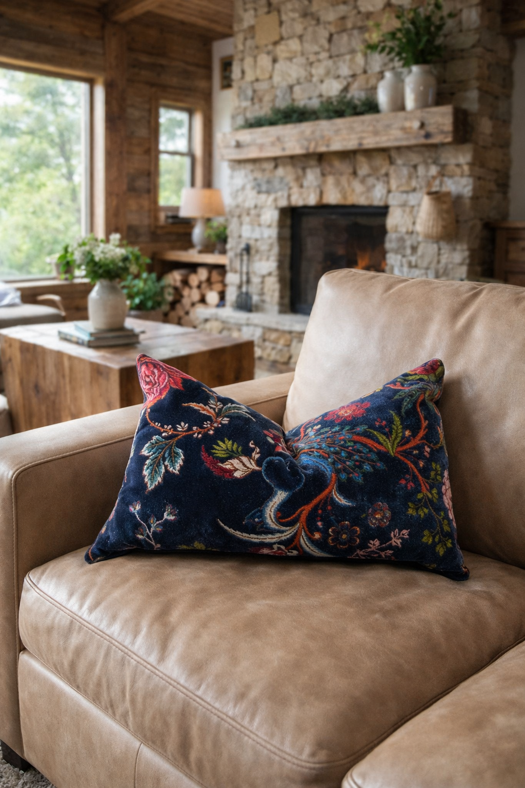 Boho navy floral lumbar cushion cover made from soft cotton velvet