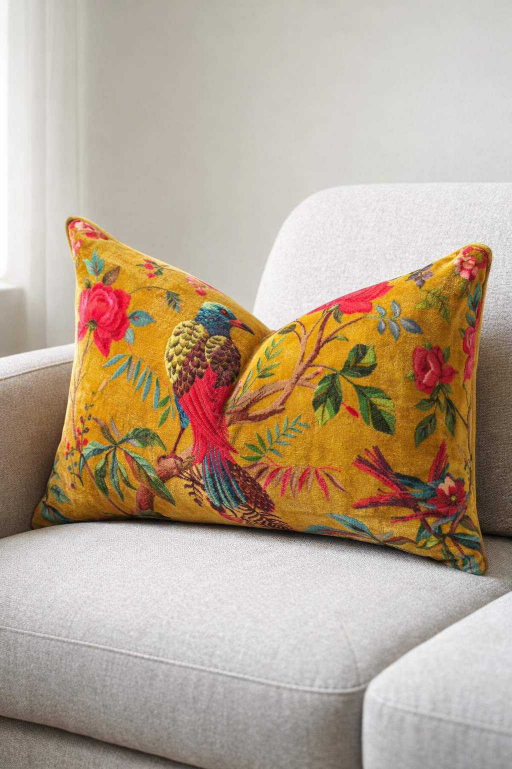 Bird mustard lumbar cushion cover in cotton velvet 30x50cms for sofa décor