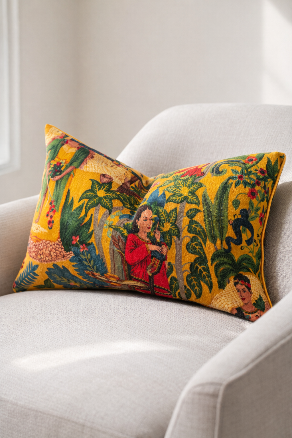 Boho tropical Frida mustard lumbar cushion cover made from soft cotton velvet