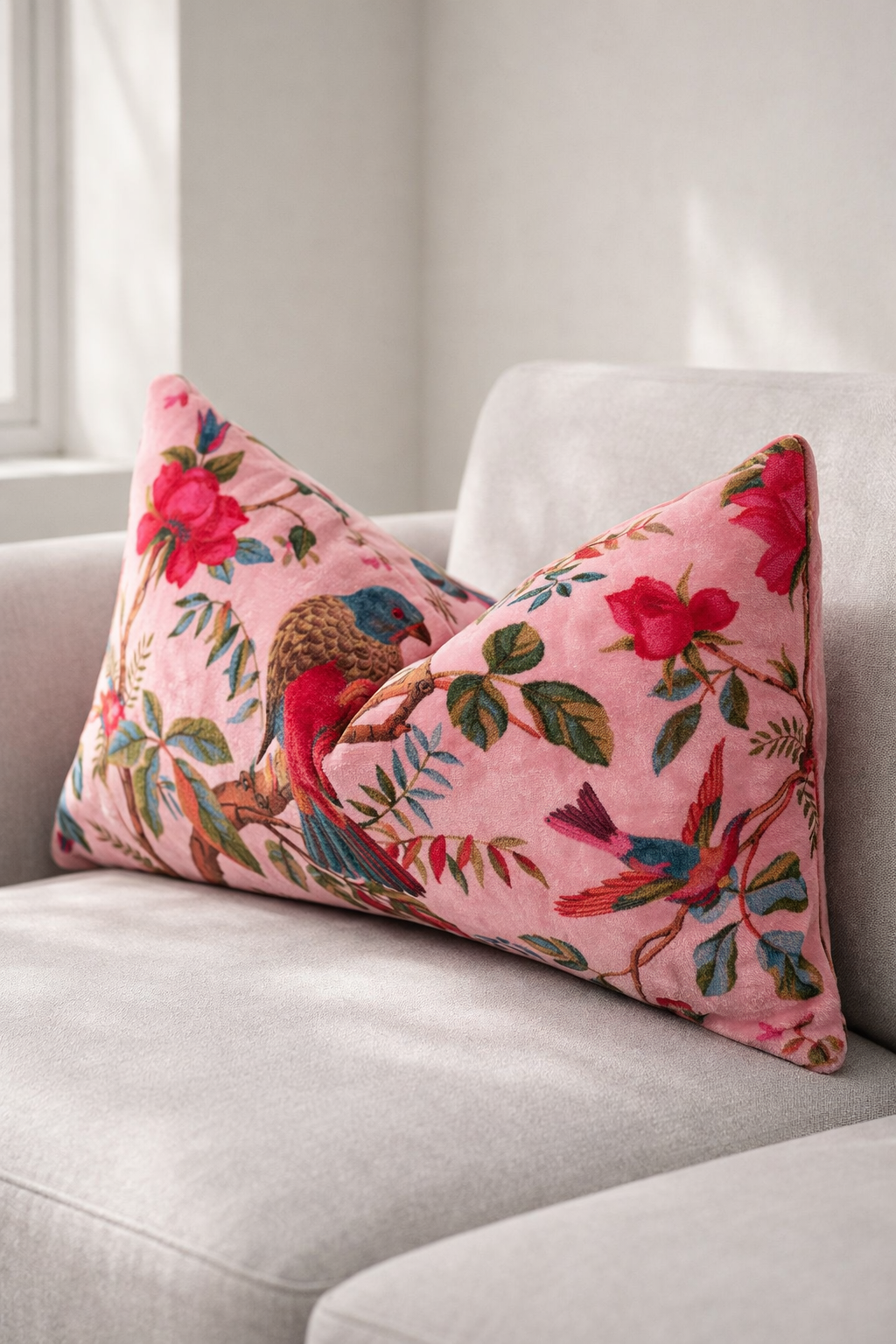 Pink bird and floral cotton velvet lumbar cushion cover 30x50cm