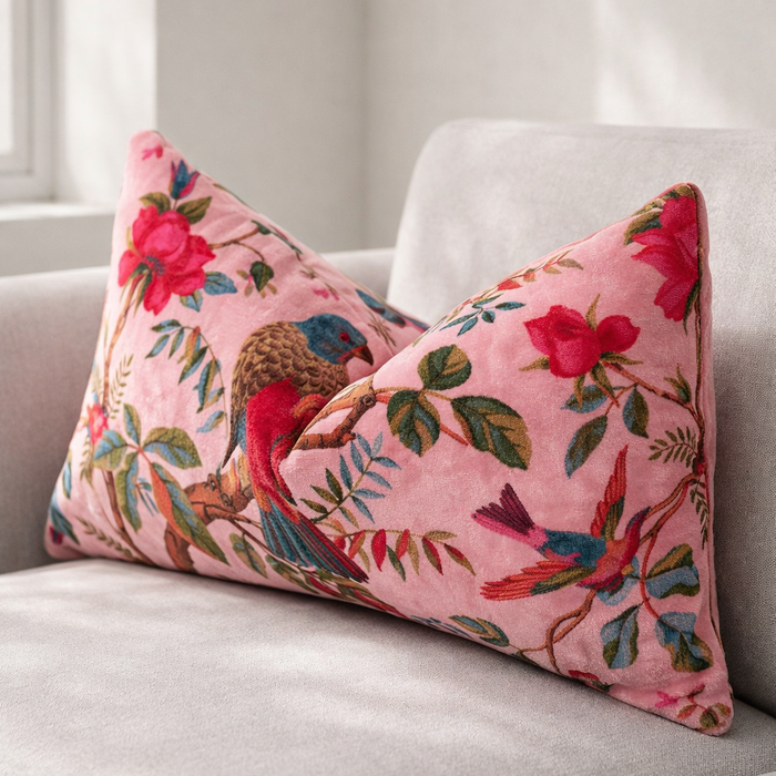 Pink Floral Bird Cotton Velvet Lumbar Cushion Cover 30x50cm