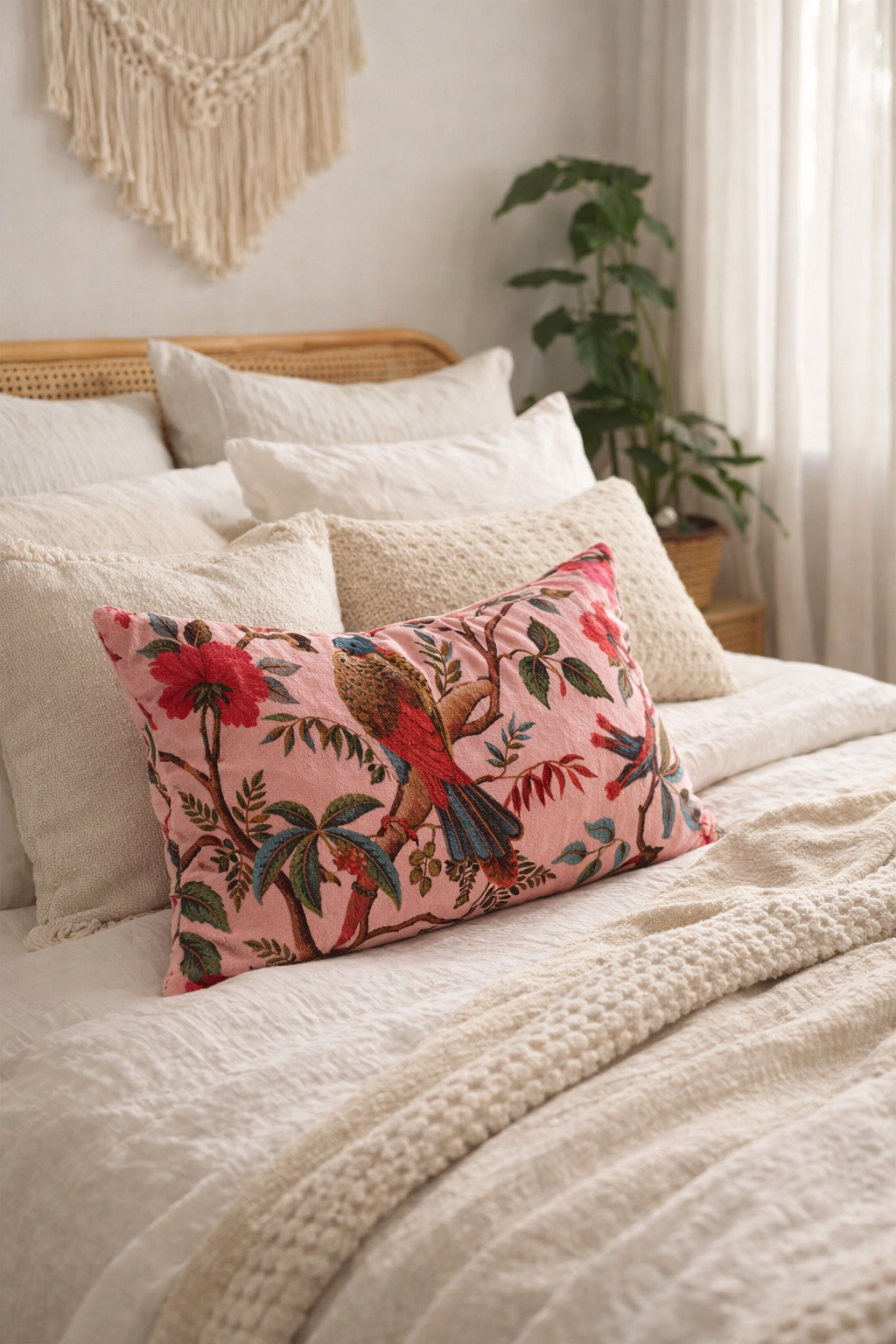 Boho pink velvet cushion cover with bird and floral print for sofa