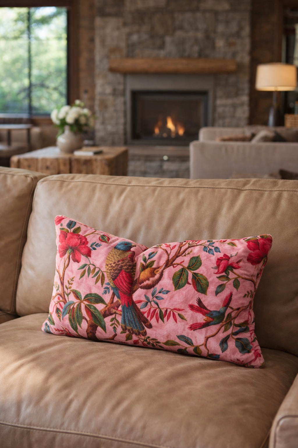 Close-up detail of pink floral bird print on cotton velvet cushion cover