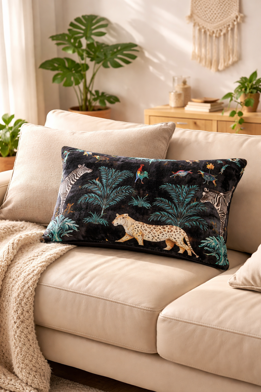 Close-up of jungle print and texture on black cotton velvet lumbar cushion cover