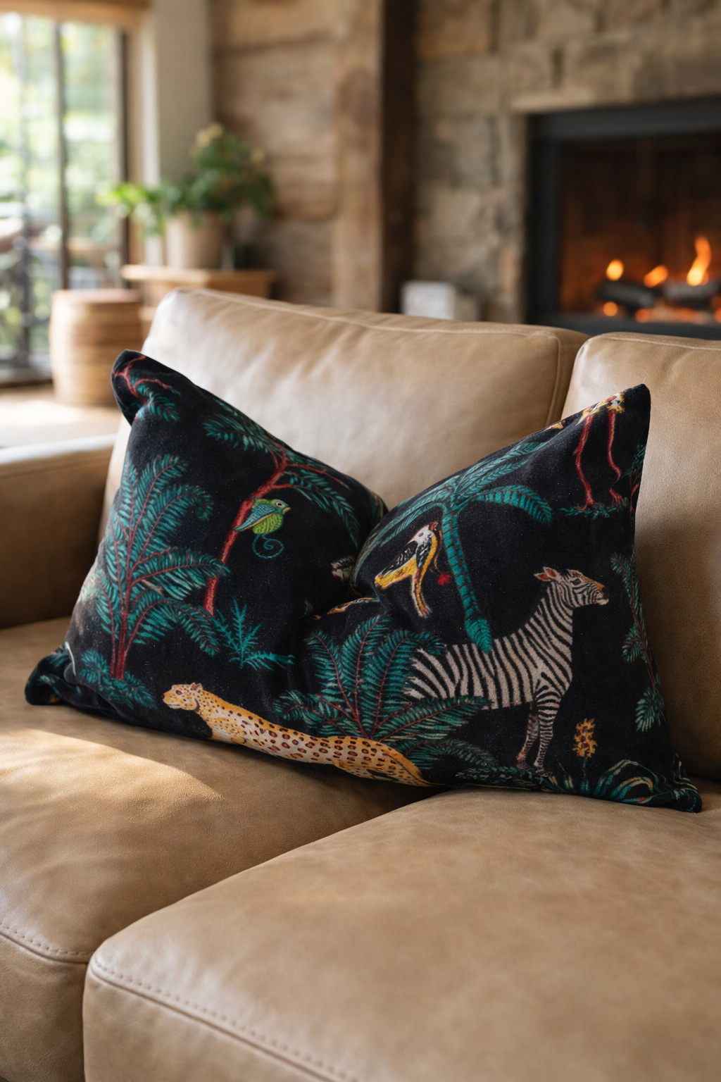 Boho black velvet lumbar cushion cover with jungle animal print