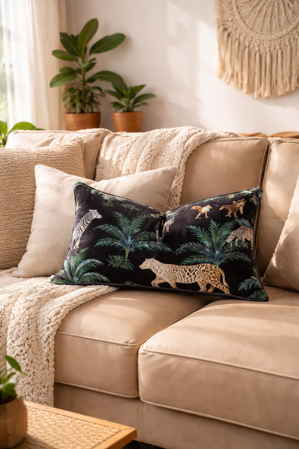 Luxurious black cotton velvet lumbar cushion cover with safari design