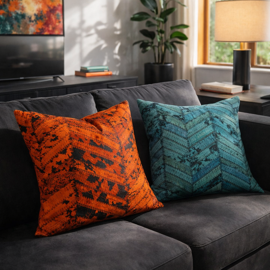 Premium cowhide leather boho cushion covers 40x40cm with teal and rust chevron pattern