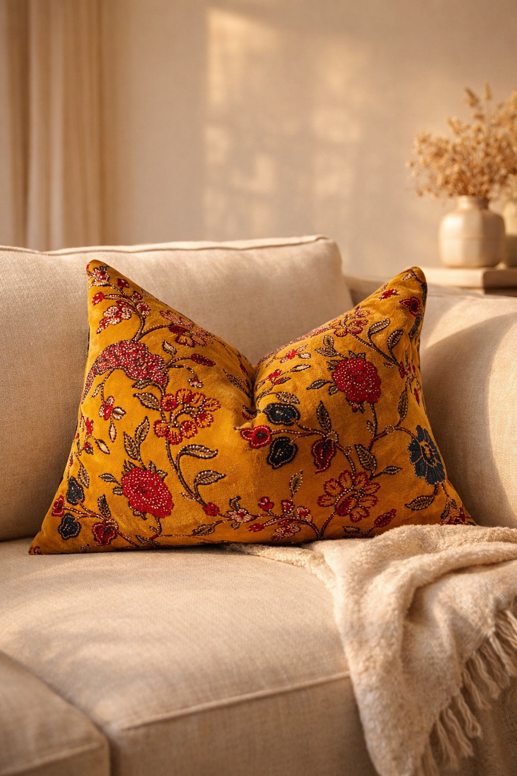 Mustard floral velvet lumbar pillow cover for sofa and bed 50x30cm