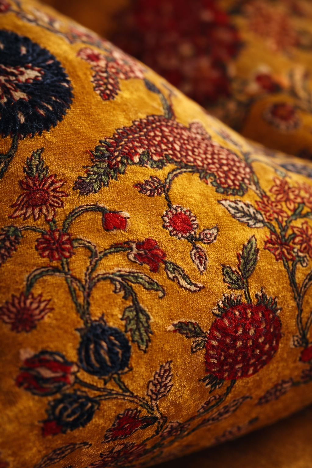 Soft mustard velvet lumbar cushion cover 50x30cm with classic floral print for boho interiors