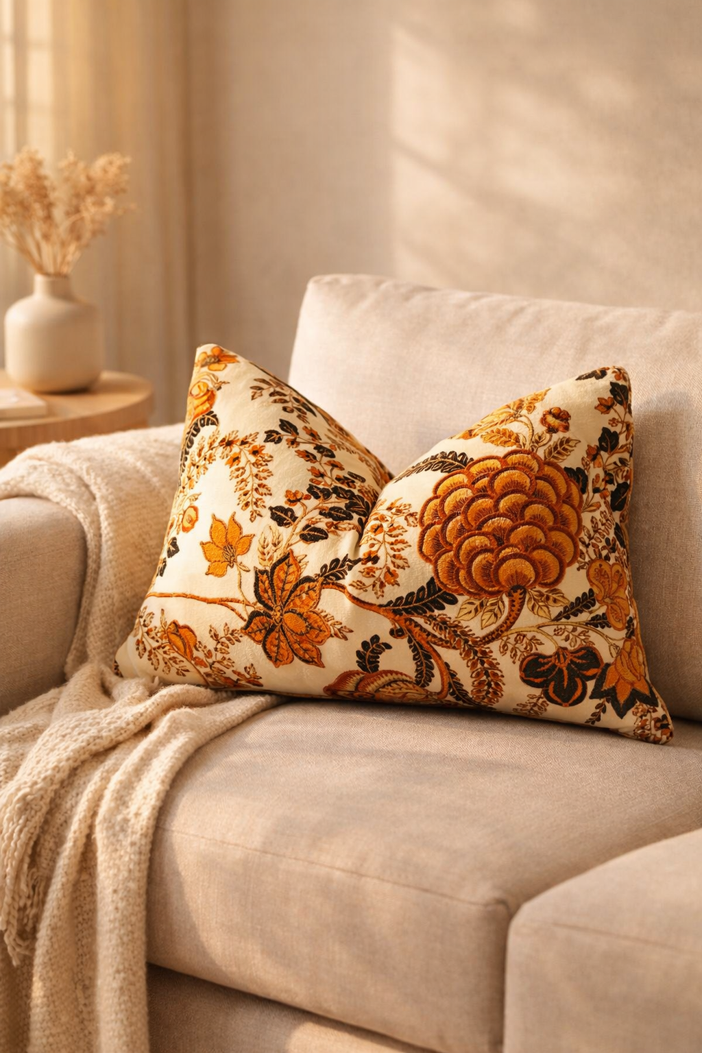 Rust botanical velvet lumbar pillow cover for sofa and bed 50x30cm