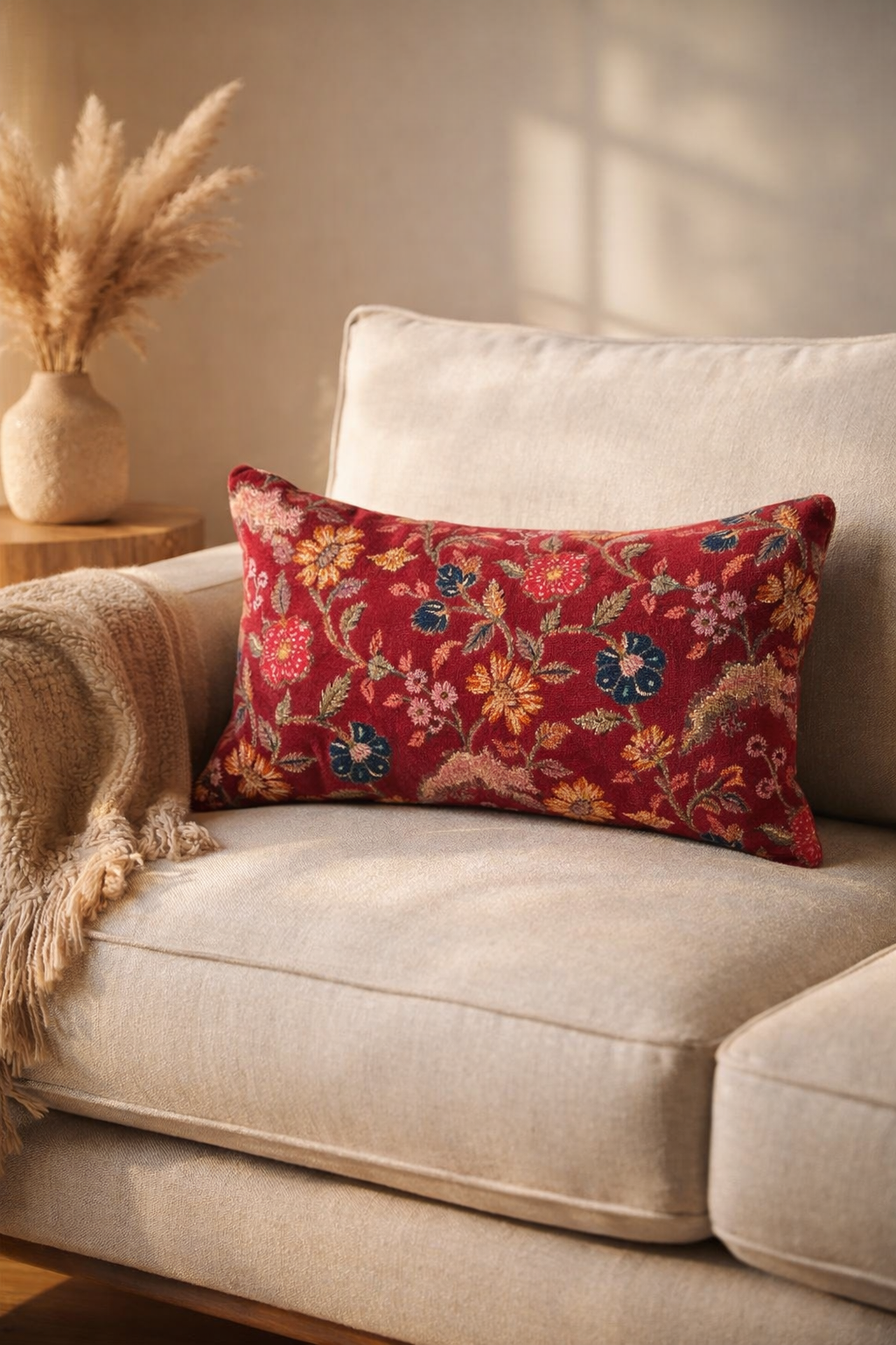 Luxury crimson floral velvet lumbar pillow cover for sofa and bed 50x30cm