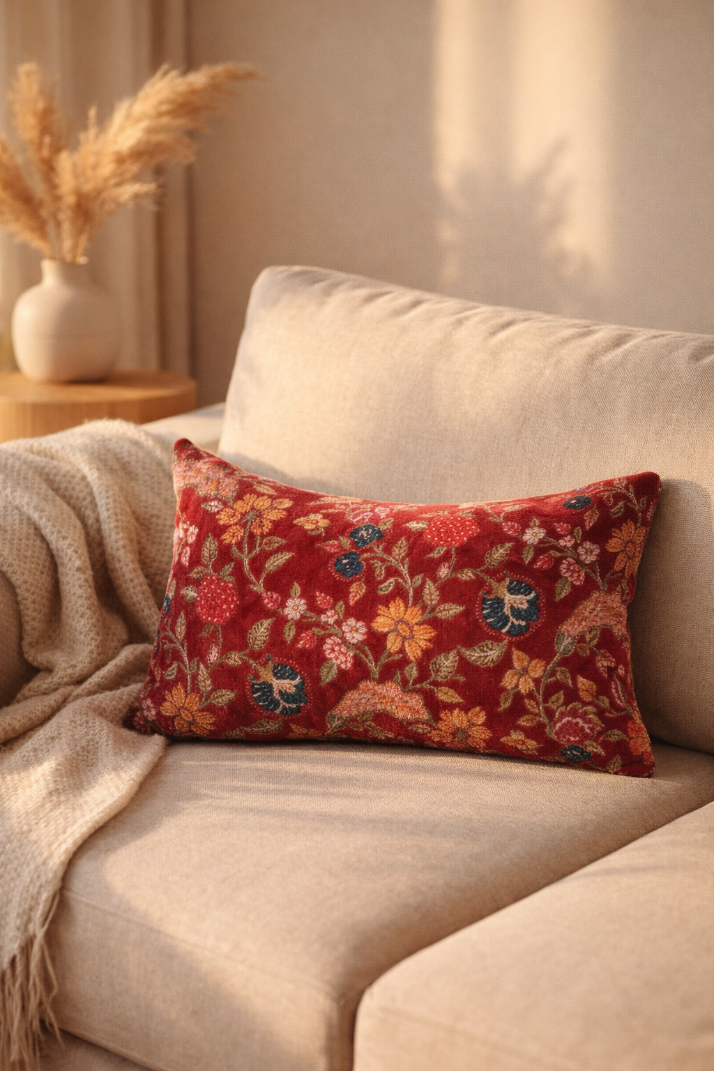 Eclectic home decor crimson velvet cushion cover with floral design lumbar size