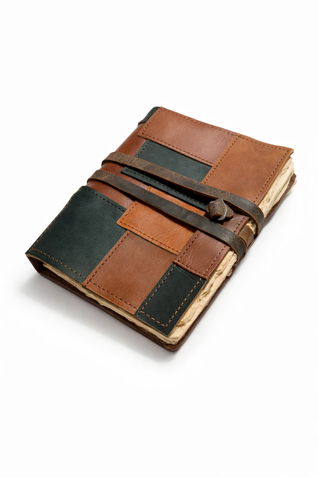 Artisan boho leather patchwork diary with wrap strap closure and textured deckle edge pages for journaling