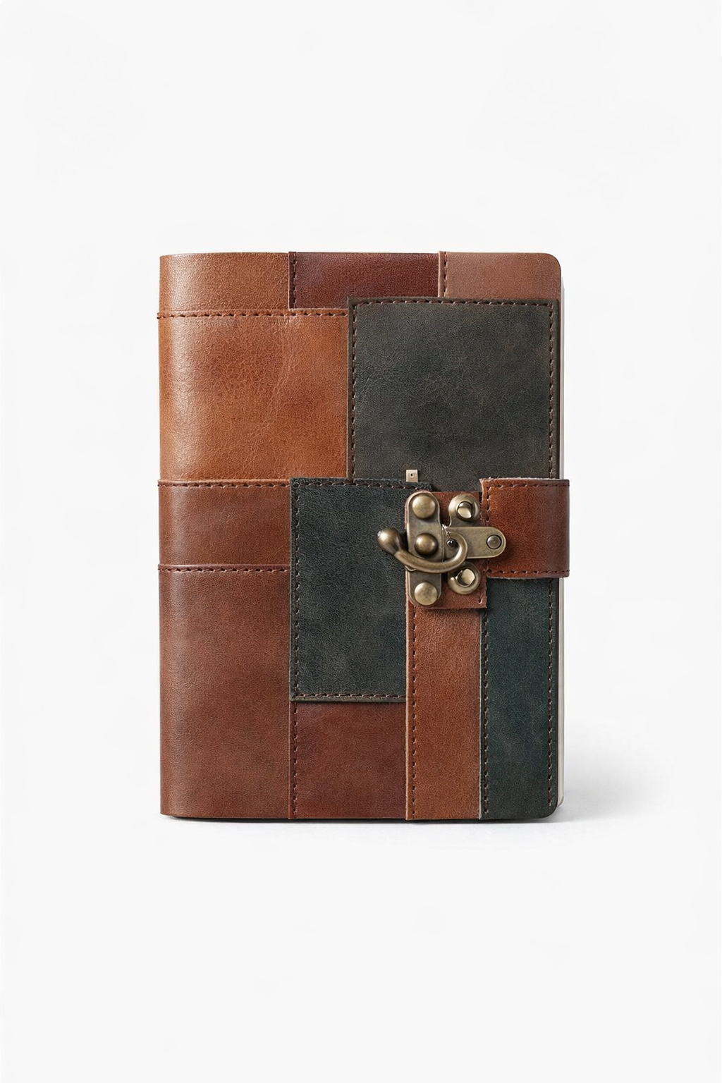 Bohemian leather patchwork journal with vintage closure, artisan travel diary with rustic design
