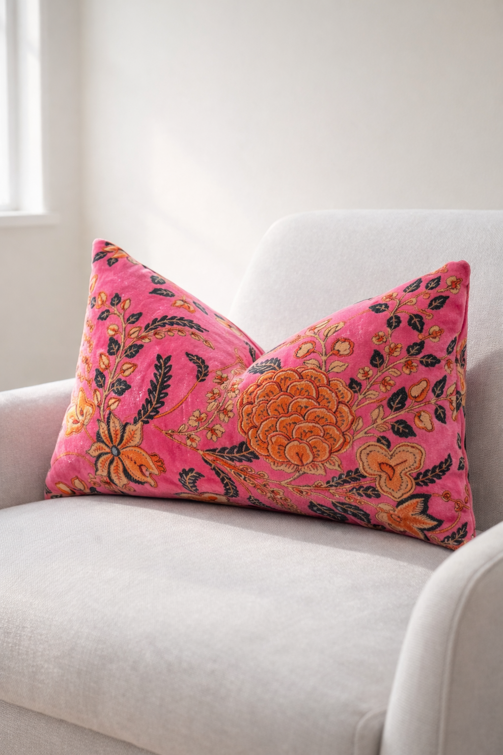Soft pink floral velvet lumbar pillow cover for sofa and bed 50x30cm