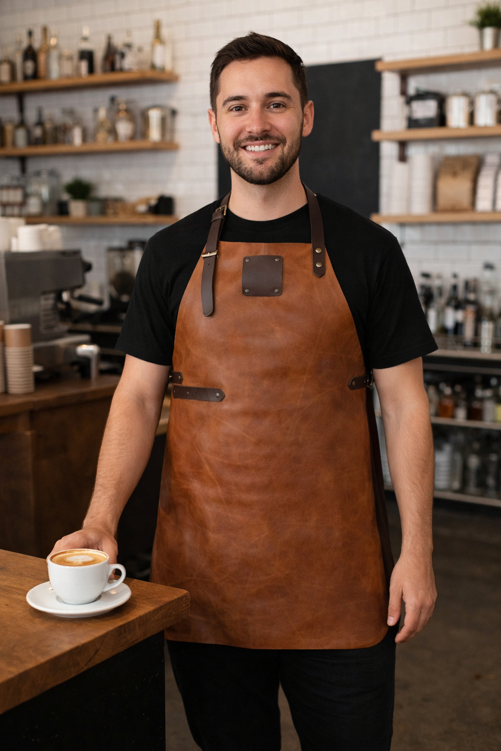 Handcrafted vintage saddle brown leather apron with signature finish