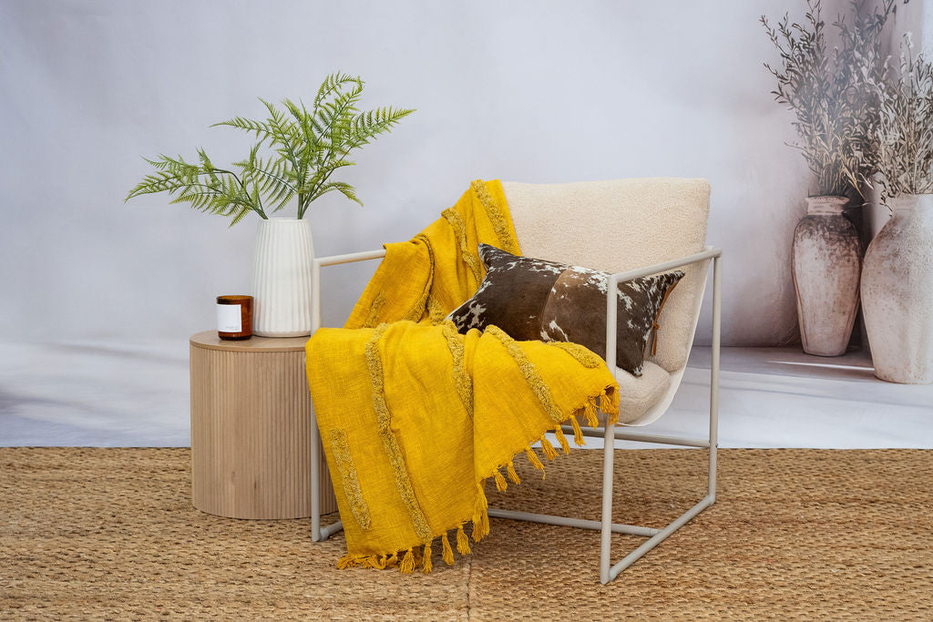 Golden Mustard Cotton Throw - Handwoven Boho Textured Blanket | 125x175cm