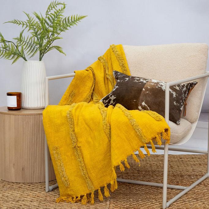Golden Mustard Cotton Throw - Handwoven Boho Textured Blanket | 125x175cm