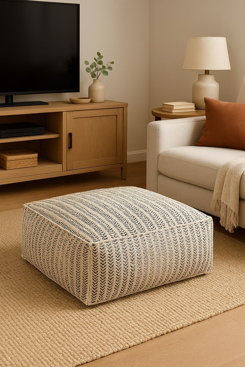 Handwoven cotton ottoman pouf with textured boho pattern styled in a modern living room
