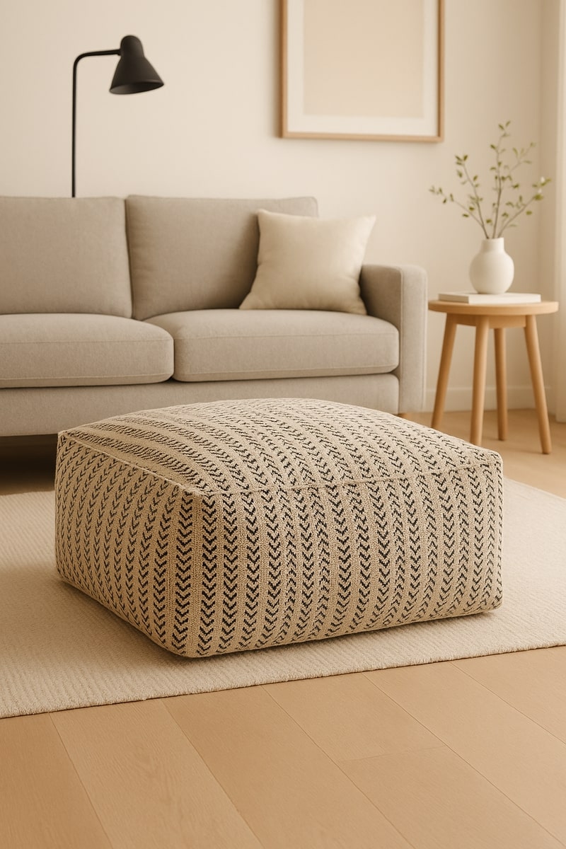 Neutral handwoven cotton pouf footstool placed on a jute rug in a cozy bohemian space