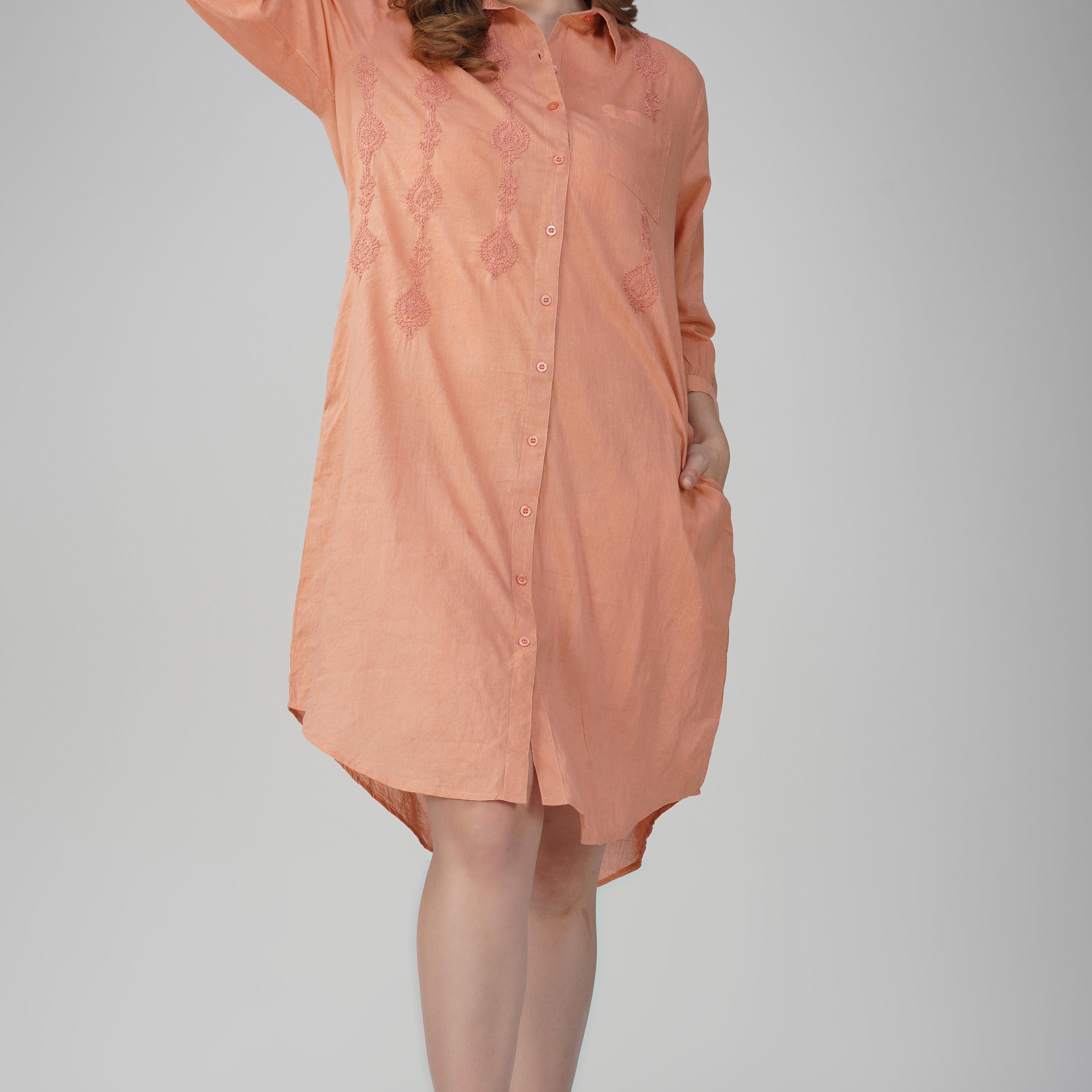 Peach cotton boho shirt dress styled for casual or everyday wear