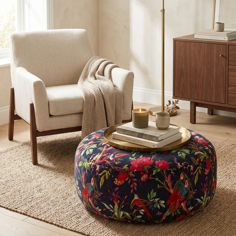 Boho-Eclectica bird and floral decorative pouf for bedroom, living room.