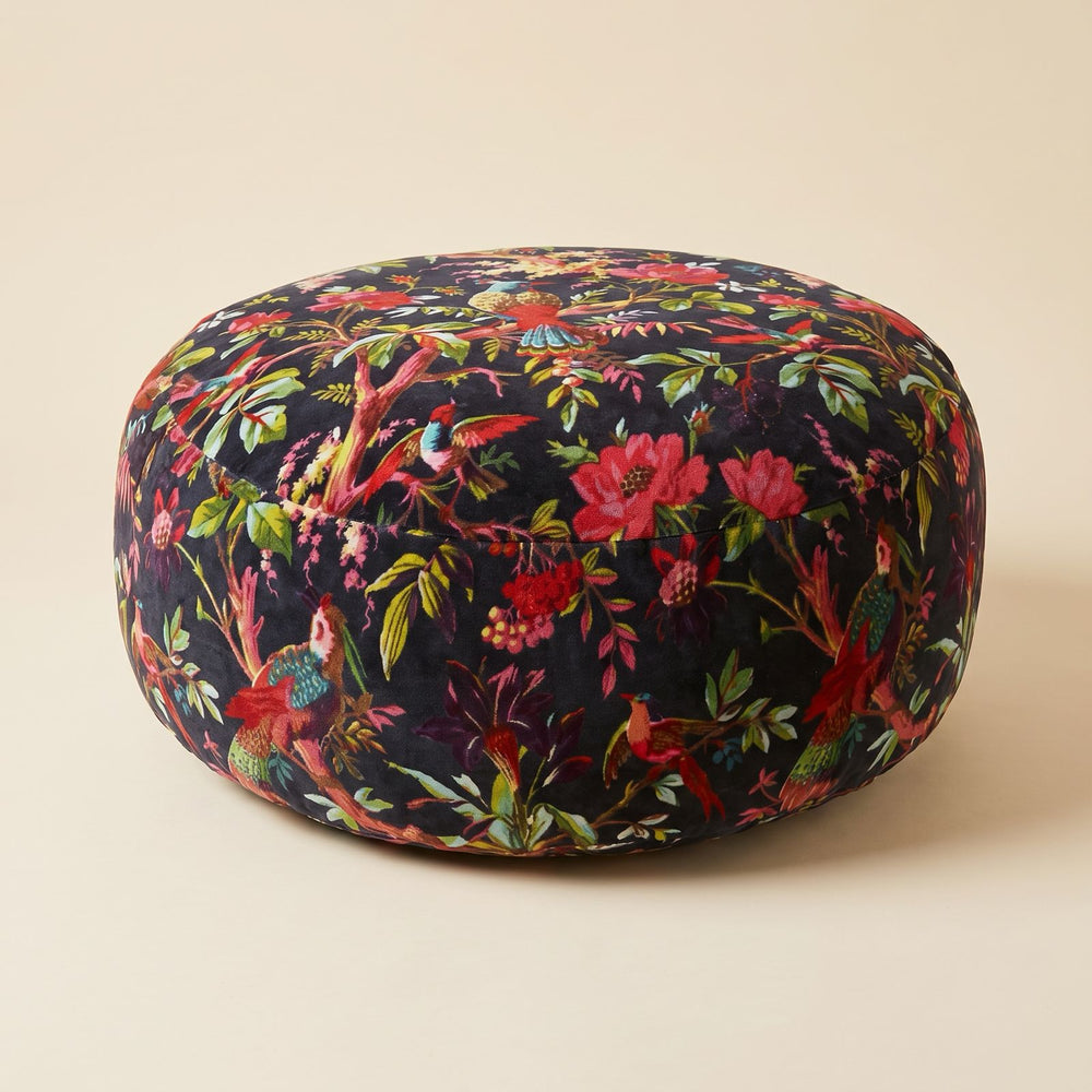 Elegant bird and floral bohemian floor pouf with nature-inspired design for home decor