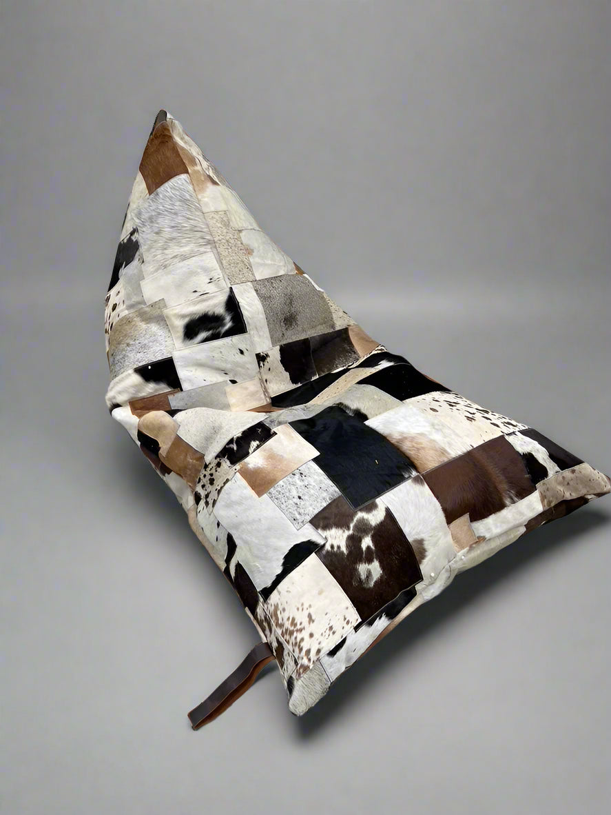 Boho Cowhide Bean Bag Cover – Triangular Patchwork in Neutral Tones