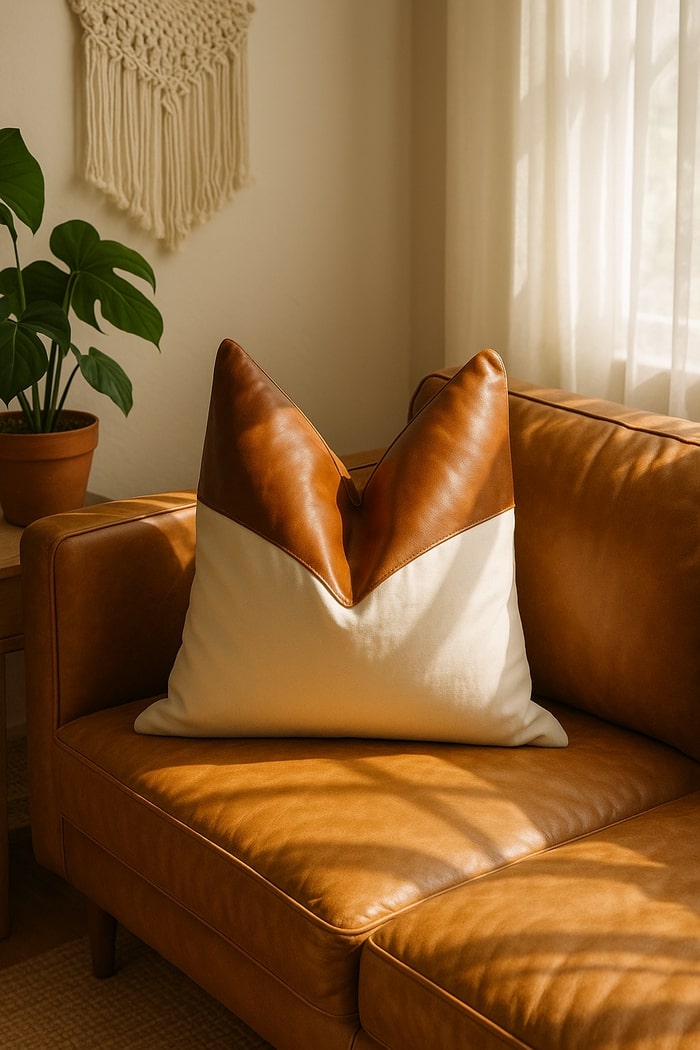 Handmade tan leather and canvas cushion cover on rustic wooden chair