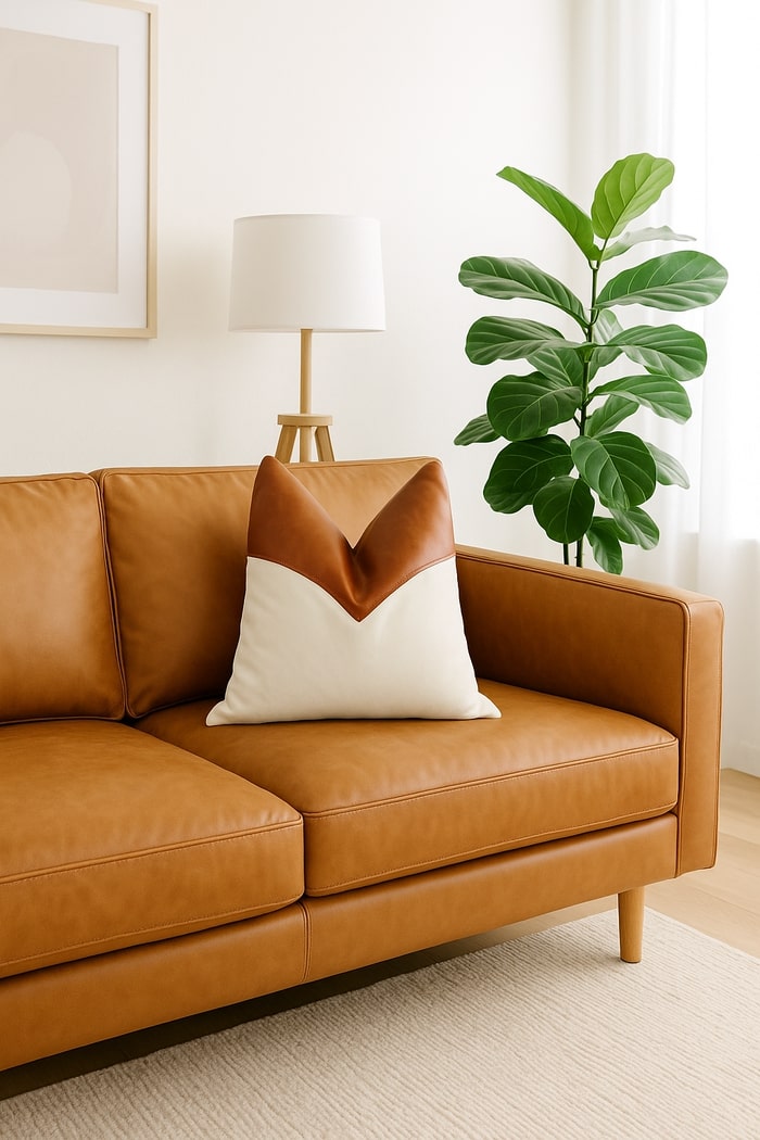 Close-up of tan leather and canvas farmhouse pillow detailing
