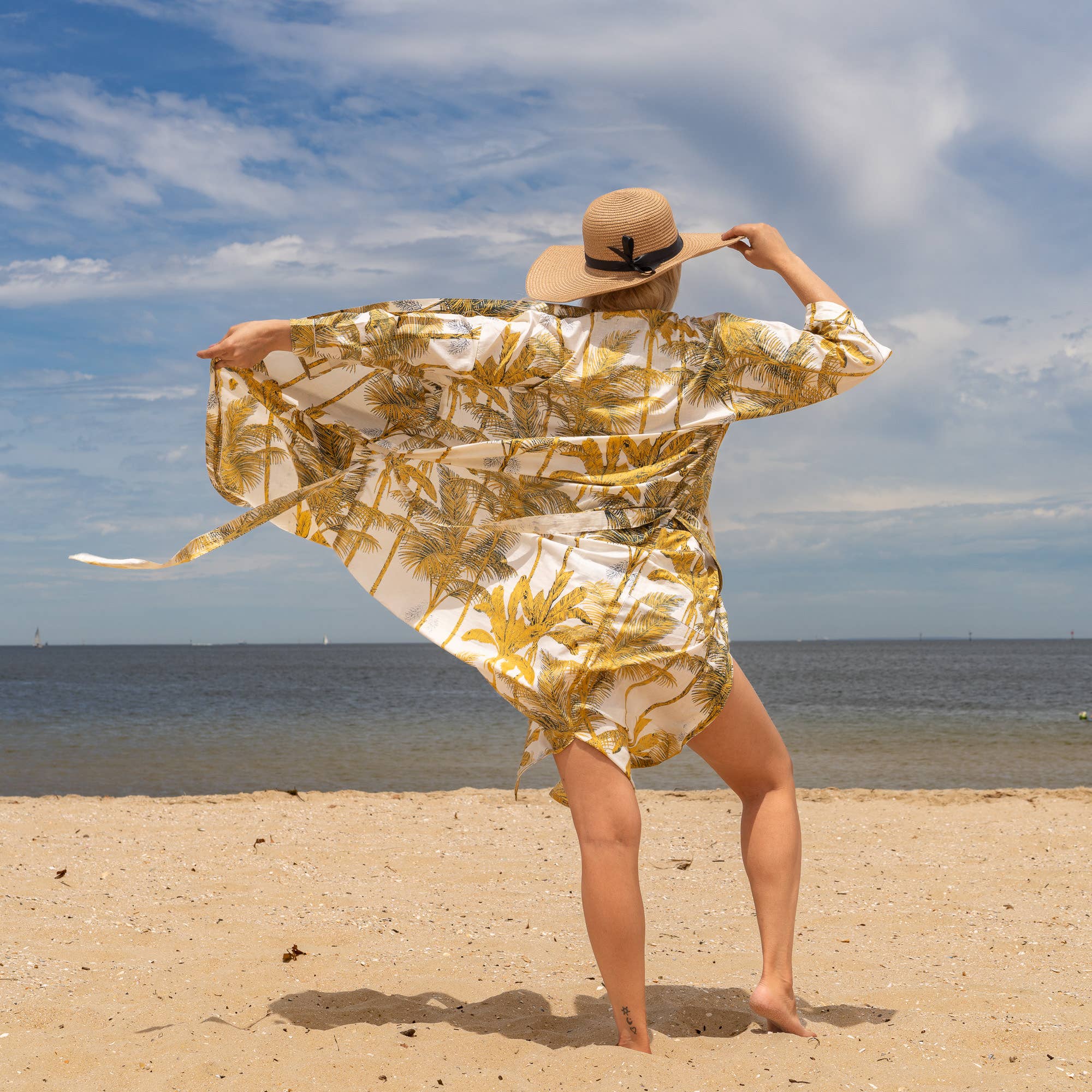 YELLOW PALM' Women's Cotton Kimono Robe - Bright Vibes