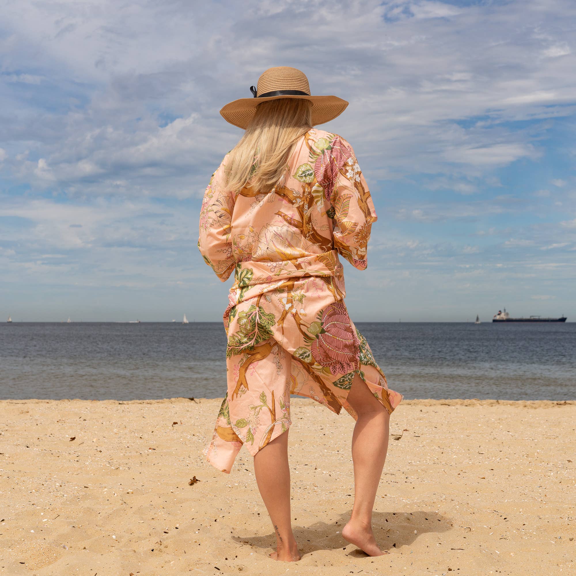 Tree of Life Pink' Women's Cotton Kimono Robe - Soft Pink