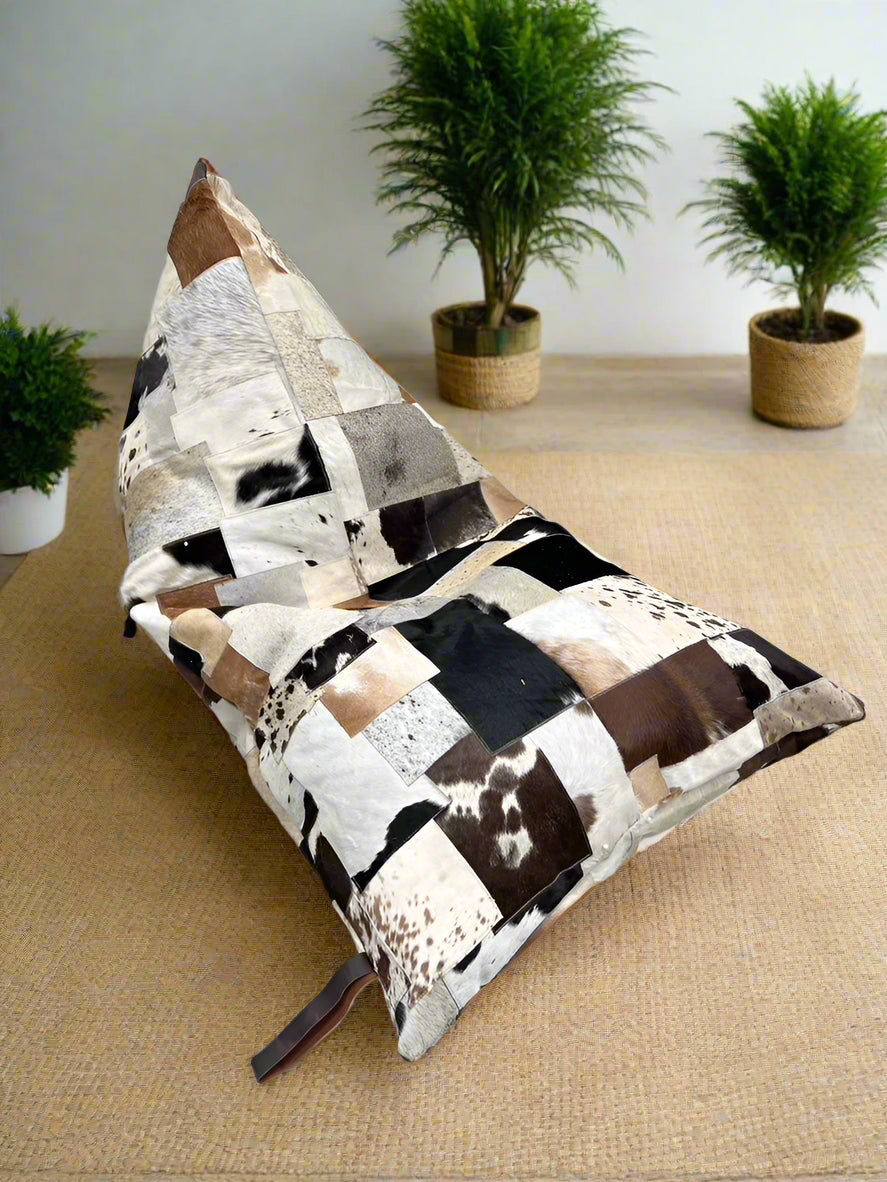 Boho Cowhide Bean Bag Cover – Triangular Patchwork in Neutral Tones