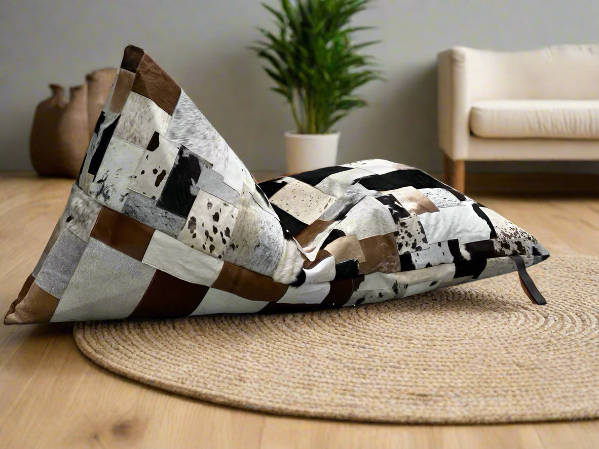Boho Cowhide Bean Bag Cover – Triangular Patchwork in Neutral Tones