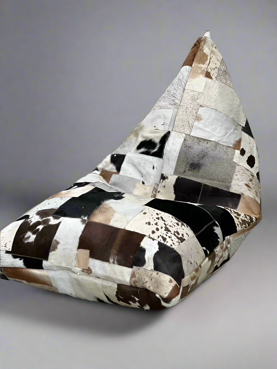 Boho Cowhide Bean Bag Cover – Triangular Patchwork in Neutral Tones