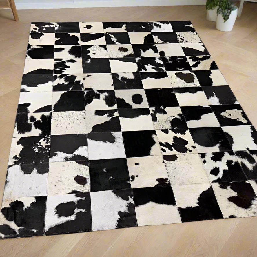 Checkerboard Cowhide Patchwork Rug – Handcrafted Natural Leather