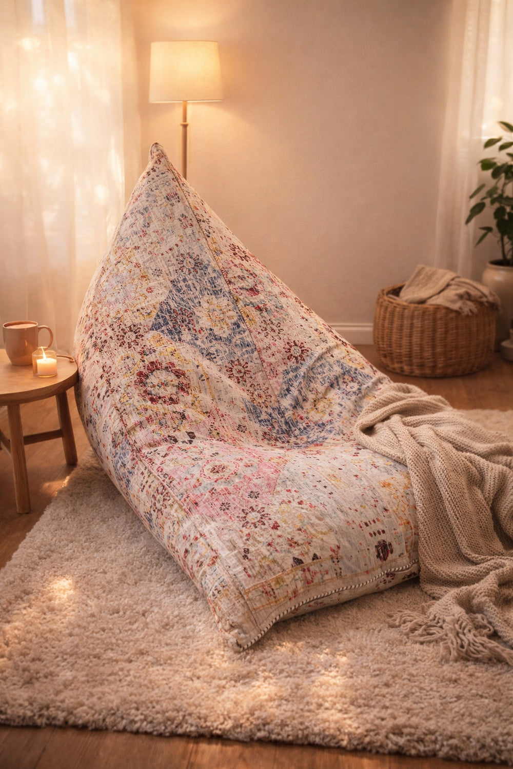 Printed bohemian floor cushion chair comfortable bean bag lounger for home