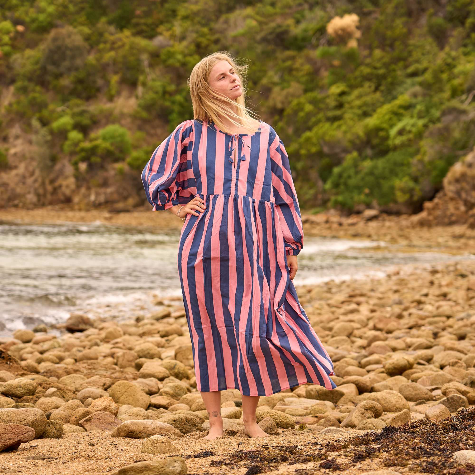 Sunset Stripe Cotton Midi Dress - Boho Summer Style