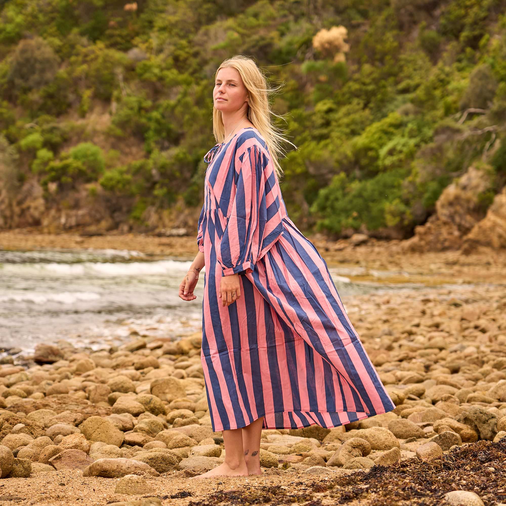 Sunset Stripe Cotton Midi Dress - Boho Summer Style