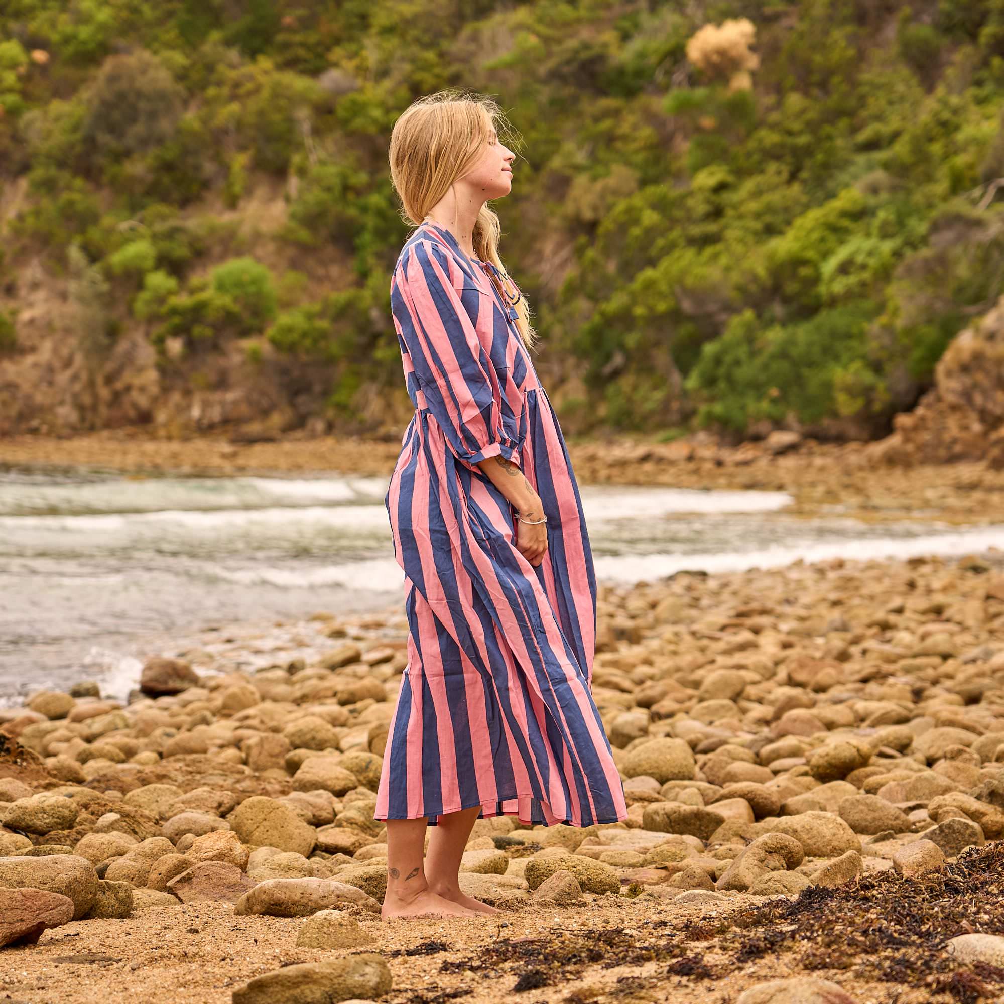 Sunset Stripe Cotton Midi Dress - Boho Summer Style