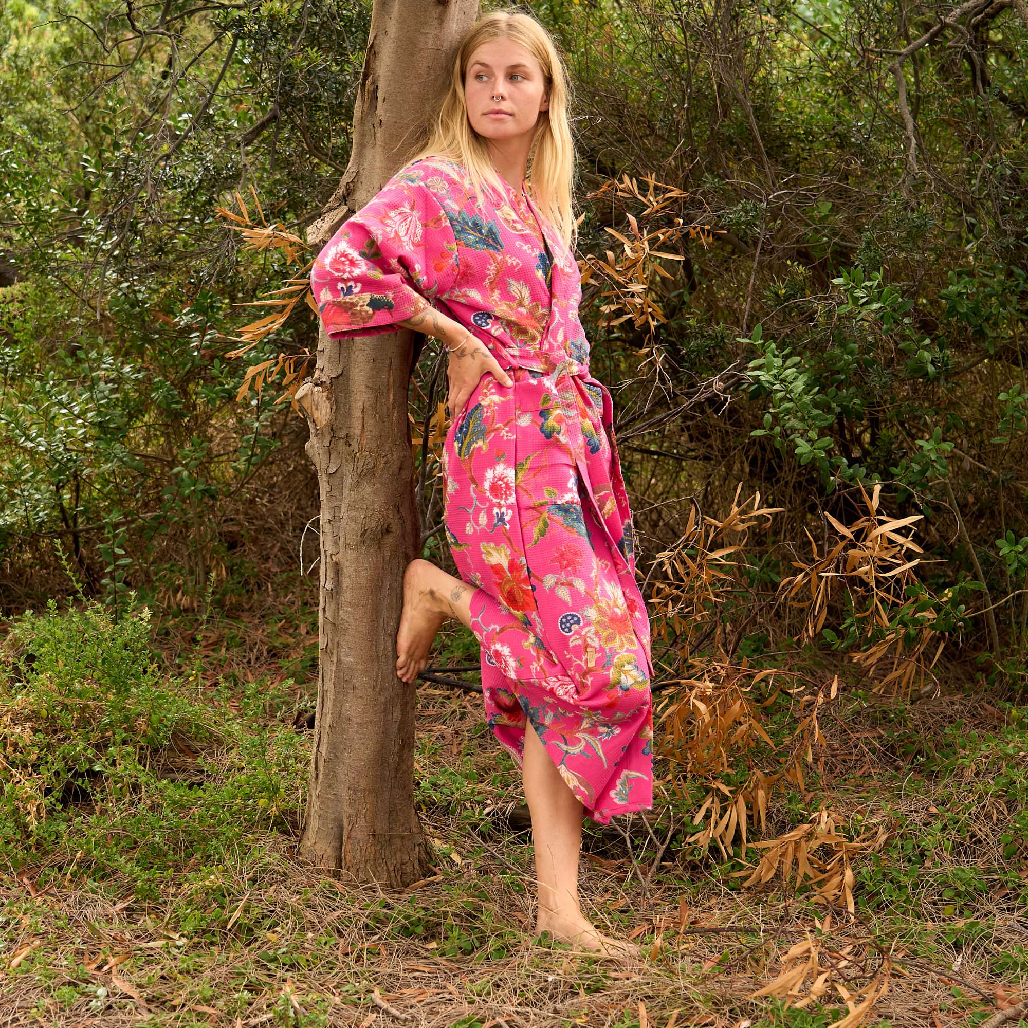 Pink Floral Waffle Cotton Kimono - Boho Blossom Style