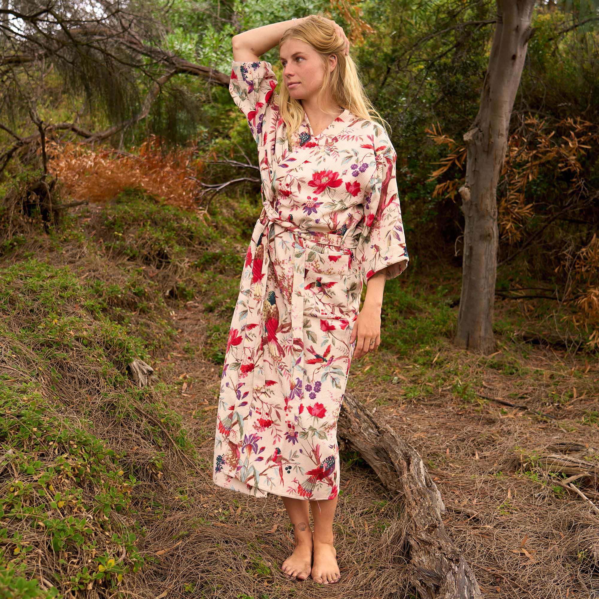 Aviary Garden Waffle Cotton Kimono Robe