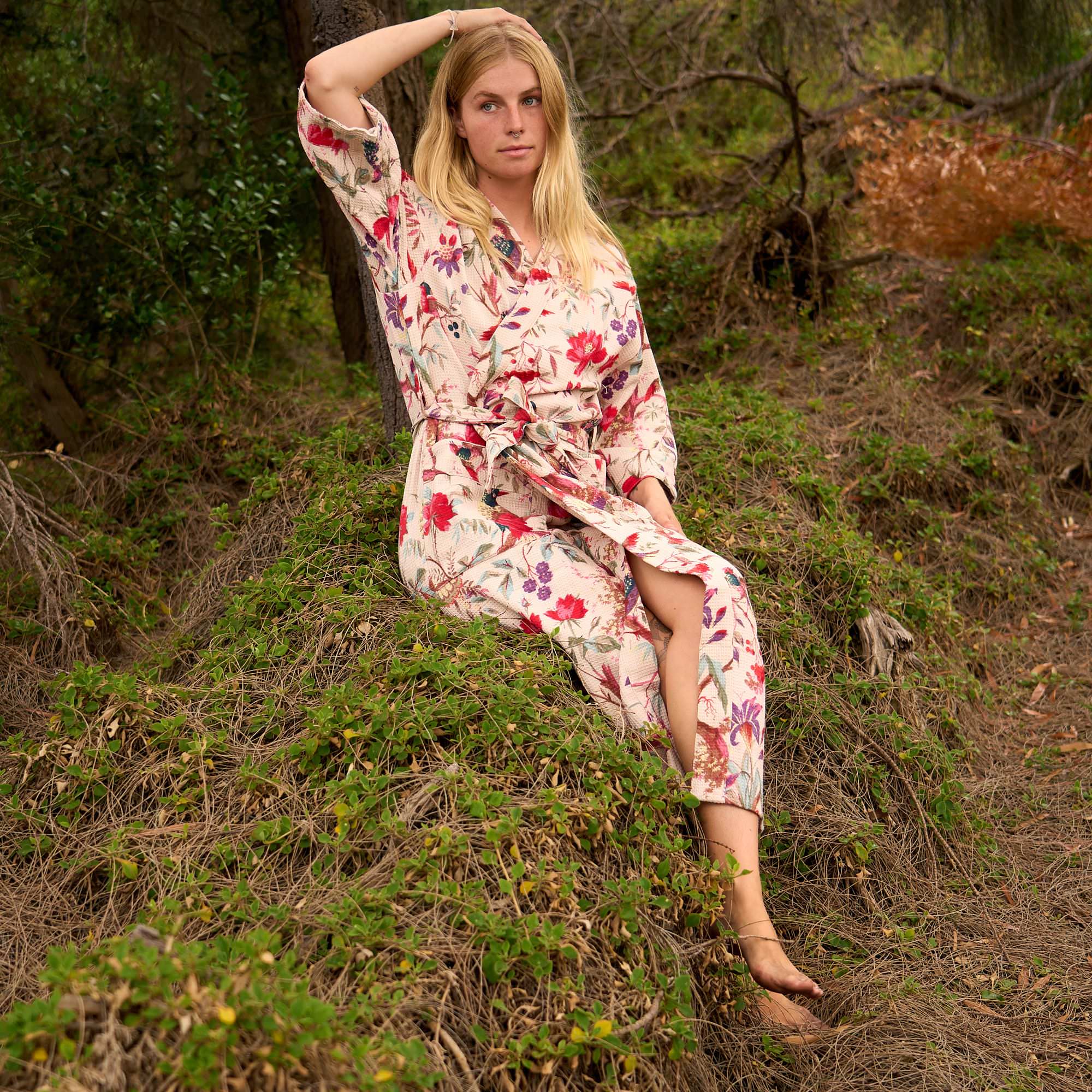 Aviary Garden Waffle Cotton Kimono Robe