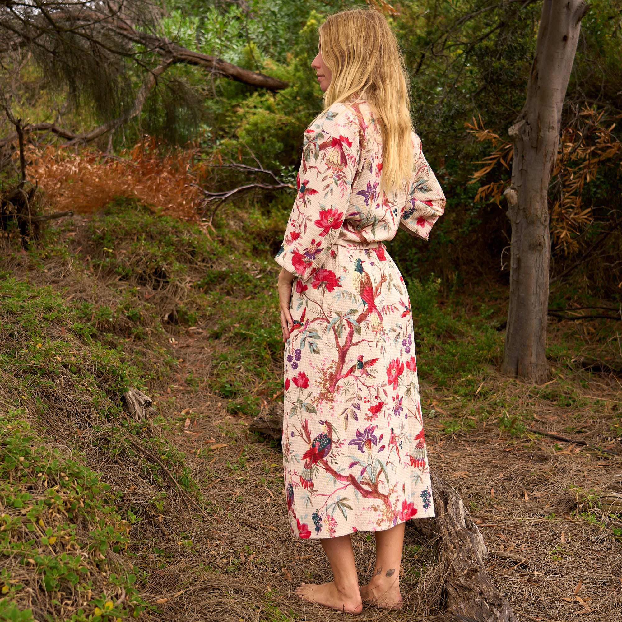 Aviary Garden Waffle Cotton Kimono Robe